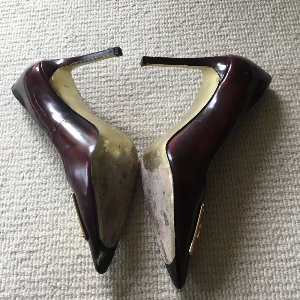 Coach Burgundy Patent Pointed-Toe Pumps with Gold Toe Plate - Picture 4 of 13